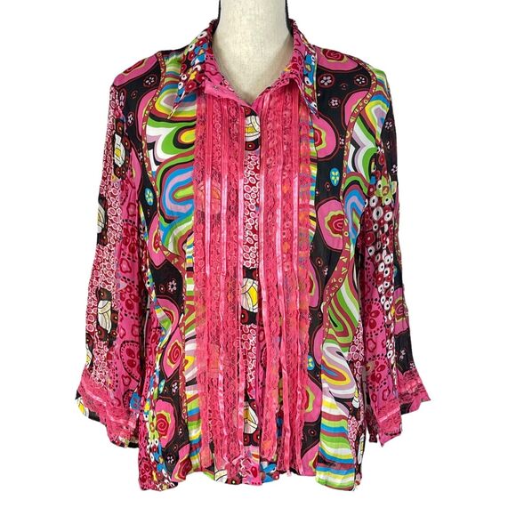 Violet & Claire X-Large Top Snap Front 3/4 Sleeve Boho Lace Geometric Pink Multi - Picture 1 of 9